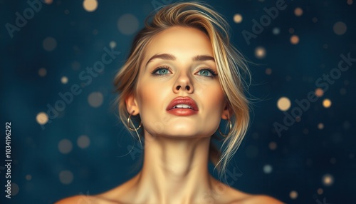 A woman with blonde hair poses gracefully against a dark blue background adorned with golden bokeh lights in an artistic portrait
