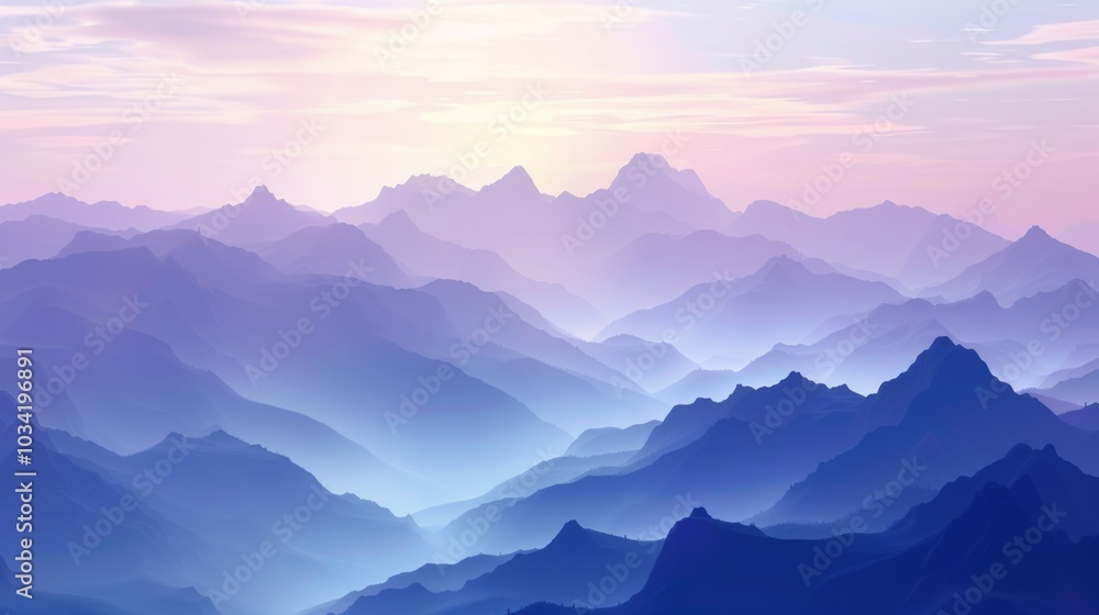 Obraz premium **Misty Mountain Peaks at Sunrise – Serene Morning Landscape Vector Illustration**