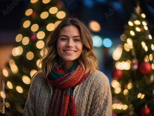 A Woman Dressed in Festive Christmas Attire, Radiating Holiday Cheer Against the Backdrop of a Beautifully Decorated Christmas Tree, Filled with Lights and Ornaments.