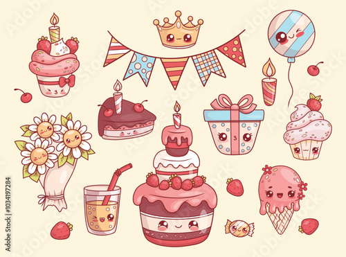 Holiday and party set. Isolated sweet kawaii cartoon character food. Festive cake with candles and strawberries, cupcakes, crown, ice cream, bouquet flowers and glass lemonade. Vector illustration