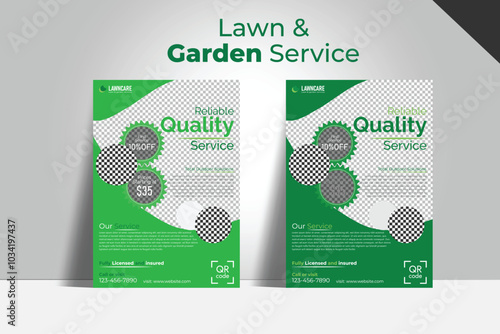 Flyer design template for lawn and gardening services. Design of a poster leaflet for gardening and tree services. Template for lawnmower flyers
