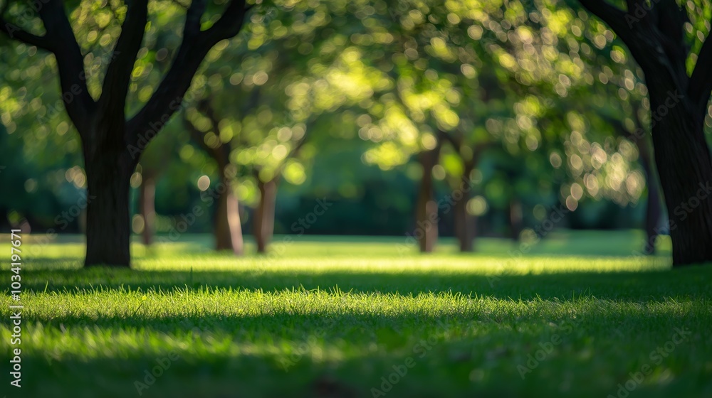 Sunlight on trees in park with vibrant green grass Sunlight on trees in park with vibrant green grass