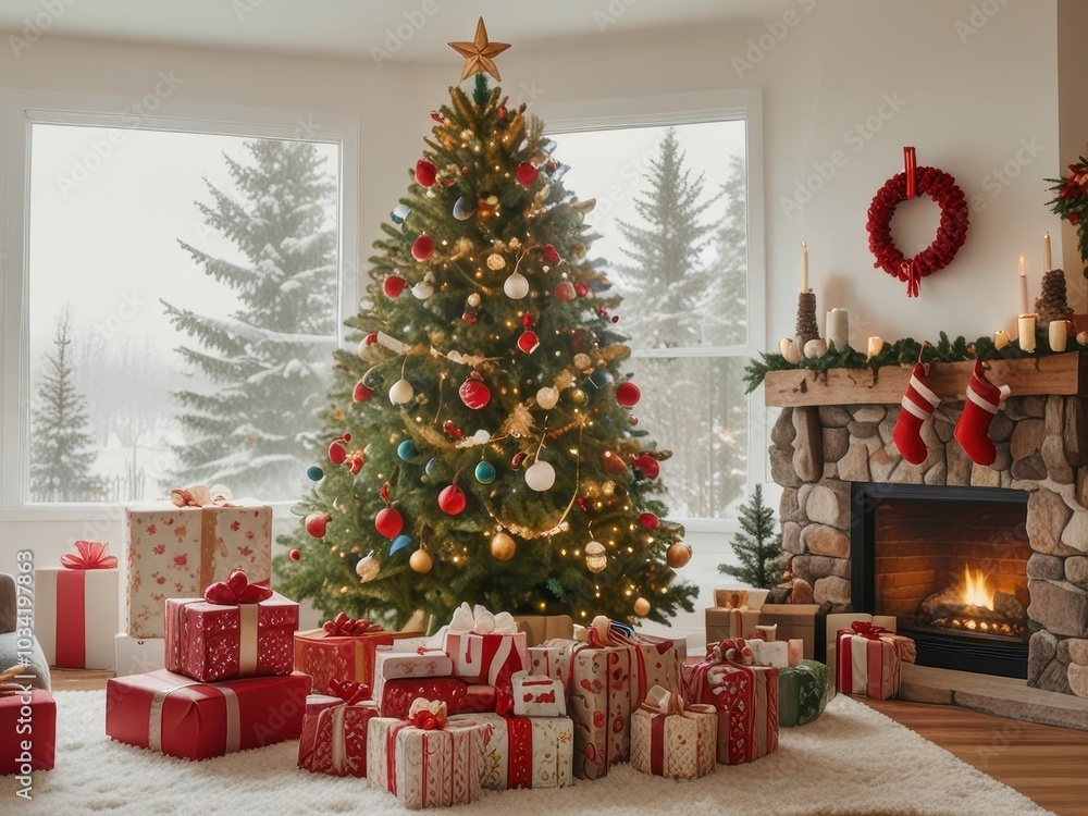 Modern living room, decorated for the holidays. A tall Christmas tree with twinkling lights, ornaments, and a star on top stands next to a large window with snow falling outside. Modern living room, decorated for the holidays. A tall Christmas tree with twinkling lights, ornaments, and a star on top stands next to a large window with snow falling outside.