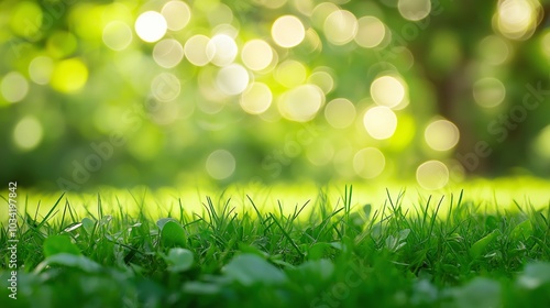 Sunlight on trees in park with vibrant green grass