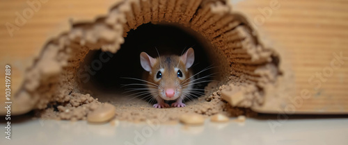 A curious mouse looking through a crack in the wood, depicting the problem of rodent infestation. This image emphasizes the need for effective pest control measures to protect homes from rodents.
