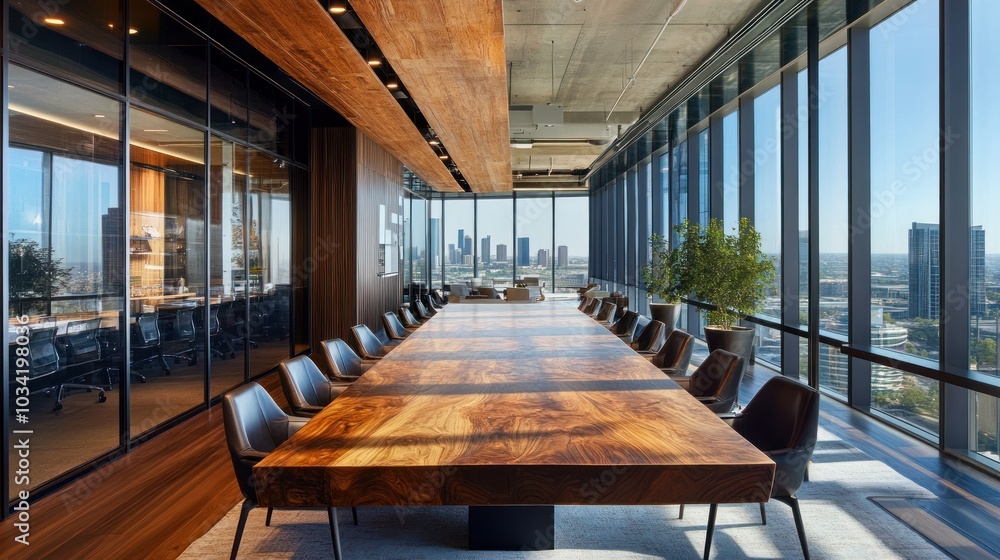 Fototapeta premium Modern Office Conference Room with Cityscape and Natural Light in Contemporary Design