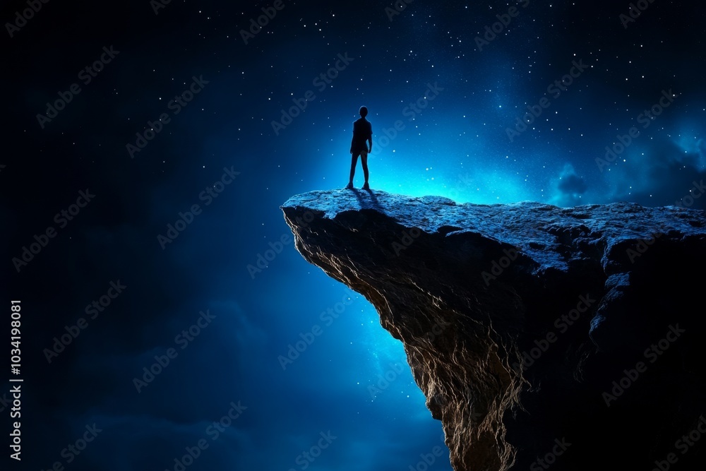 Fototapeta premium A person standing on the edge of a mountain, gazing into the vastness of space