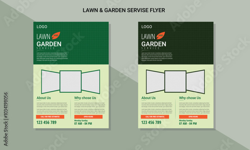 Flyer design template for lawn and gardening services. Design of a poster leaflet for gardening and tree services. Template for lawnmower flyers