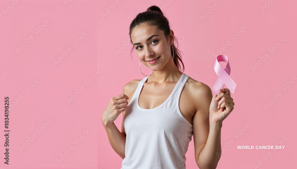 Empowering Awareness for World Cancer Day: A Young Woman Holding a Pink Ribbon Against a Soft Pink Background Empowering Awareness for World Cancer Day: A Young Woman Holding a Pink Ribbon Against a Soft Pink Background