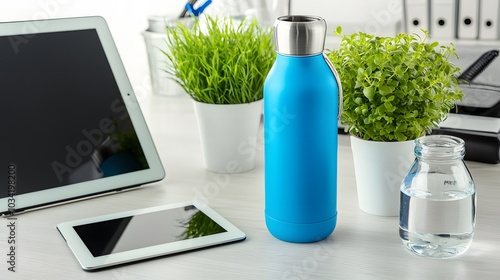 Eco-Conscious Workspace: A desk adorned with potted plants, a reusable water bottle, and a tablet. The workspace exudes sustainability, and the image leaves room for captions. 