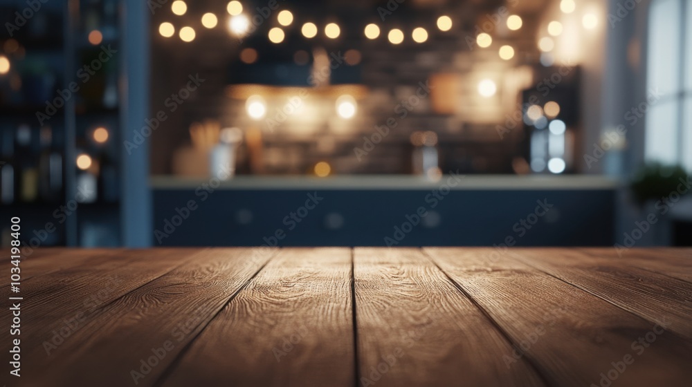 Selective focus on a wooden table top with a stylish blue kitchen background, perfect for home-related product displays or kitchenware ads. Selective focus on a wooden table top with a stylish blue kitchen background, perfect for home-related product displays or kitchenware ads.