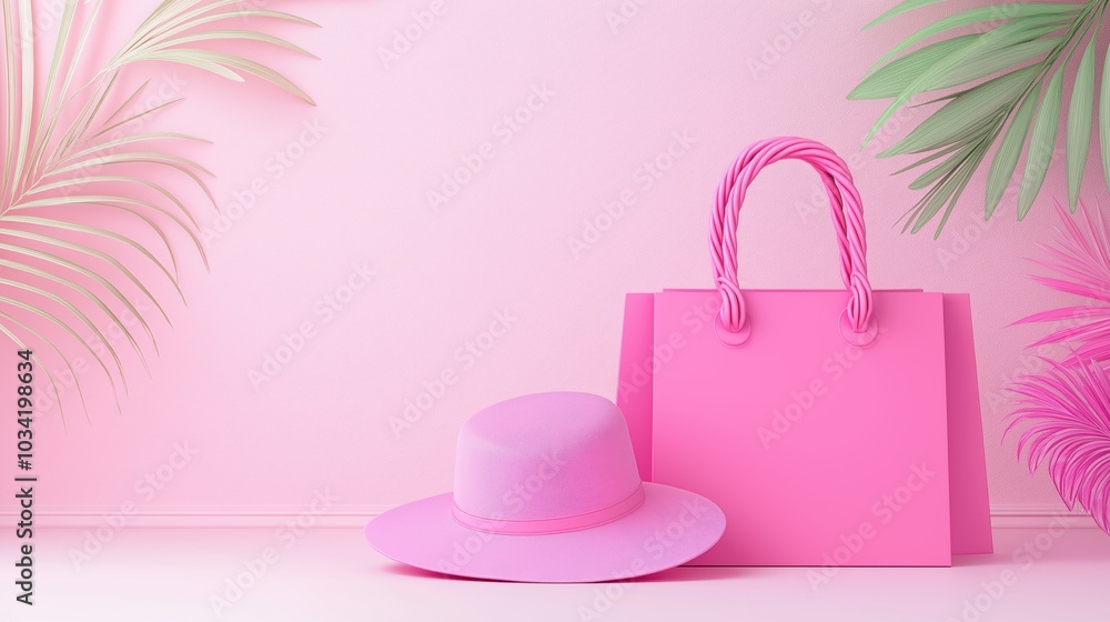 Chic pink shopping bag and hat with tropical leaves on a pastel background Chic pink shopping bag and hat with tropical leaves on a pastel background