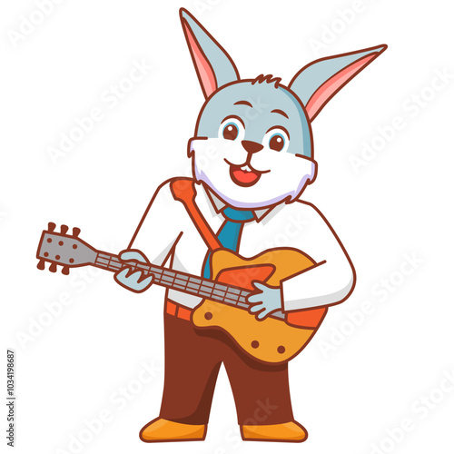 Funny rabbit playing guitar.Cute rockstar hare.Animal cartoon characters.Vector illustration. The musician plays the guitar.Musician with guitar.