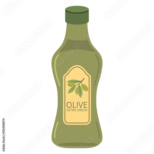 Olive oil in a glass bottle. Black olive branches.Olive tree branch with leaves.Extra virgin olive oil. Food illustration.Vector illustration.Isolated on white background.