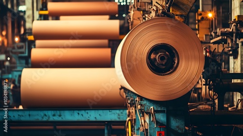 Paper Pulp Factory: An industrial scene showing machinery processing wood into pulp. The massive rolls of paper in the background highlight the direct link between tree harvesting and paper  photo