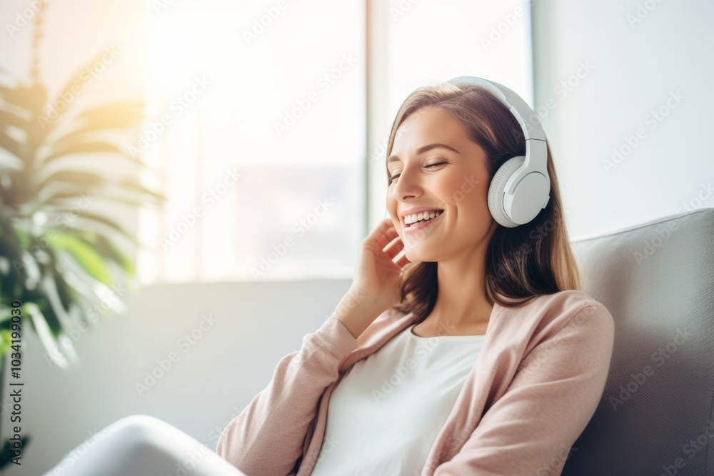 A young woman sits comfortably on a couch, listening to a podcast through her headphones, basking in the natural light flooding the room A young woman sits comfortably on a couch, listening to a podcast through her headphones, basking in the natural light flooding the room