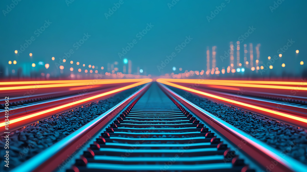 Fototapeta premium Railway tracks, glowing lights at night