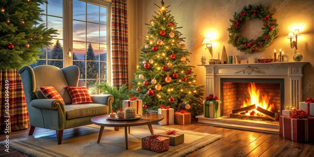 A cozy living room decorated for Christmas, featuring a beautifully decorated tree, a roaring fireplace, and a plush armchair inviting relaxation. A cozy living room decorated for Christmas, featuring a beautifully decorated tree, a roaring fireplace, and a plush armchair inviting relaxation.