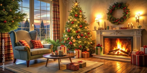 A cozy living room decorated for Christmas, featuring a beautifully decorated tree, a roaring fireplace, and a plush armchair inviting relaxation.