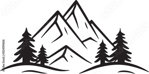 Silhouette mountain vector and pine tree isolated on a white background.