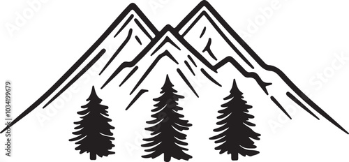 Silhouette mountain vector and pine tree isolated on a white background.