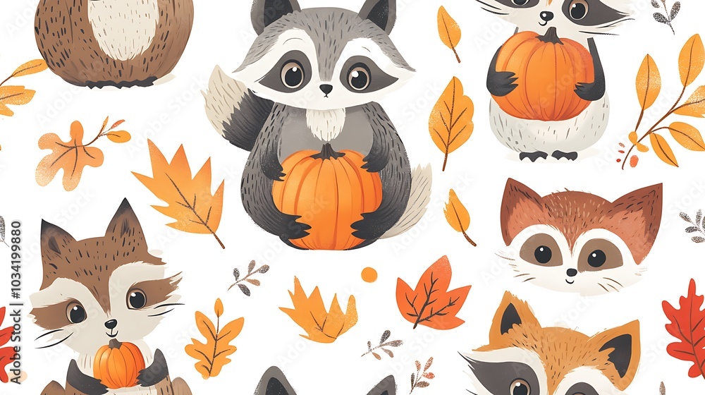 Fototapeta premium Cute woodland animals such as foxes, raccoons, and owls holding small pumpkins, surrounded by colorful autumn leaves, warm lighting and playful poses creating a seamless Thanksgiving design.