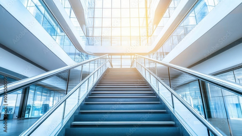 Steel staircase ascending into a bright, open office, with a perspective shot from the floor looking up towards sleek design Steel staircase ascending into a bright, open office, with a perspective shot from the floor looking up towards sleek design