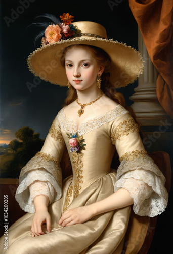 Renaissance-style painting portrait of a 19th century princess in white dress, Generative AI	

