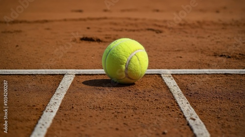 A vibrant tennis ball rests on a clay court, showcasing its bright yellow color against the reddish-brown surface. The texture of the clay highlights the sport's dynamic nature, with small marks indic