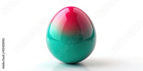 A shiny, glossy egg with a pink to turquoise ombre color gradient resting on a stark white background.