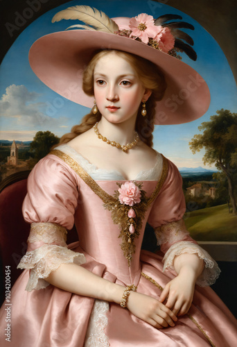 Renaissance-style painting portrait of a 19th century princess in pink dress, Generative AI	
