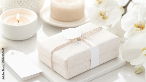 Elegant gift box with white flowers and candles for a serene celebration