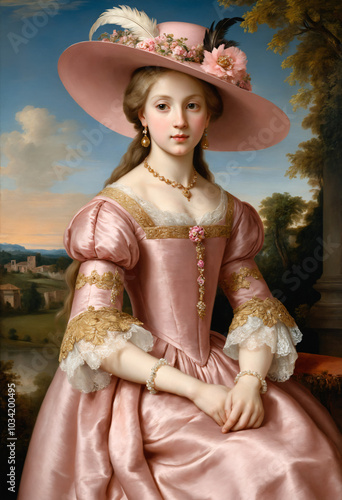 Renaissance-style painting portrait of a 19th century princess in pink dress, Generative AI	
