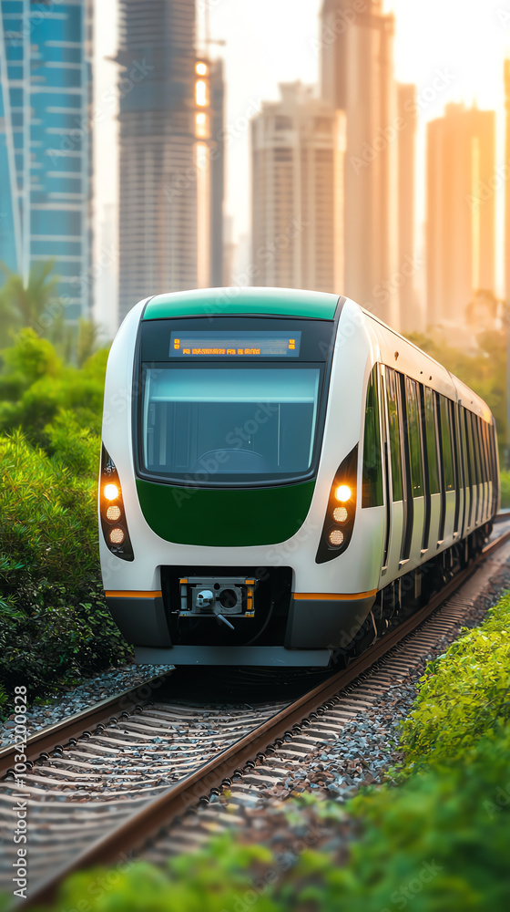 Naklejka premium Train traveling through urban landscape