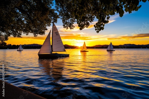 A serene sunset over Lake Burley Griffin in Australia, with sailboats drifting across the water photo