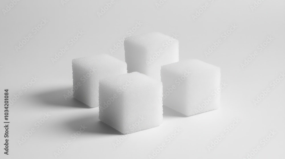 Three white sugar cubes arranged neatly, highlighting their crystalline texture and purity, set against a clean white backdrop to emphasize simplicity and sweetness. Three white sugar cubes arranged neatly, highlighting their crystalline texture and purity, set against a clean white backdrop to emphasize simplicity and sweetness.