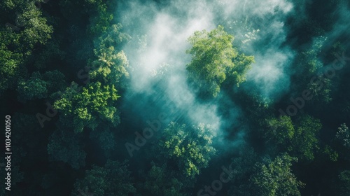 An aerial view of a dense forest shrouded in mist, with sun rays breaking through the clouds.