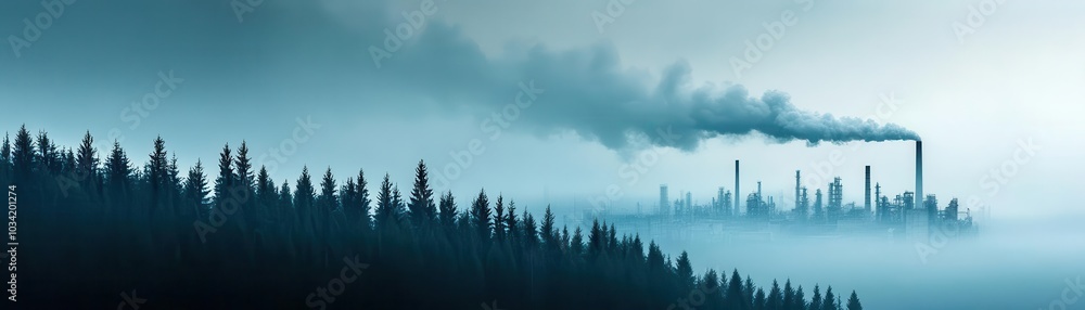 Dark clouds of pollution looming over a forest s edge close up, focus on, copy space eerie yet striking tones, double exposure silhouette with factory sprawl Dark clouds of pollution looming over a forest s edge close up, focus on, copy space eerie yet striking tones, double exposure silhouette with factory sprawl