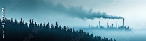 Dark clouds of pollution looming over a forest s edge close up, focus on, copy space eerie yet striking tones, double exposure silhouette with factory sprawl photo