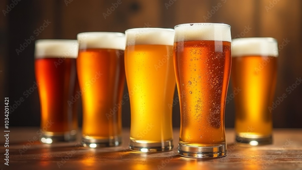 Glasses of different beers stand on a wooden bar table Glasses of different beers stand on a wooden bar table