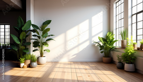 Empty room of modern contemporary loft with plants on wooden floor