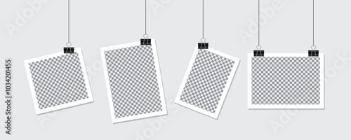 Collage vector picture of a photo frame with a paper clip hanging on a wall