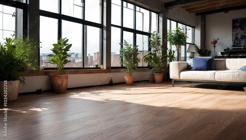 Empty room of modern contemporary loft with plants on wooden floor Empty room of modern contemporary loft with plants on wooden floor