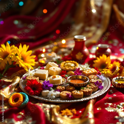 Elegant Karwa Chauth Thali Design with Sweets, Bangles, and Flowers on a Red and Gold Background