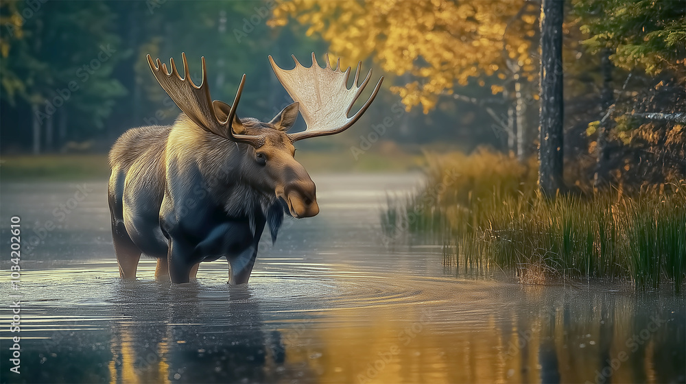 Fototapeta premium Endangered moose wading through autumn forest lake at sunrise in Alaska