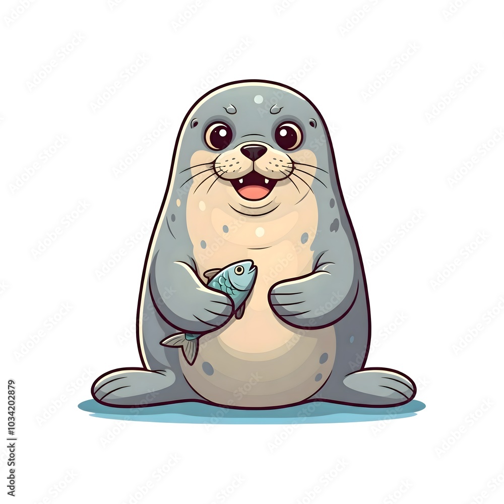 Adorable Cartoon Seal Joyfully Holding a Shiny Blue Fish Adorable Cartoon Seal Joyfully Holding a Shiny Blue Fish