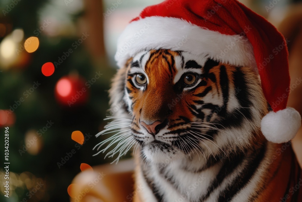 Tiger wearing a Santa hat beside a Christmas tree Tiger wearing a Santa hat beside a Christmas tree