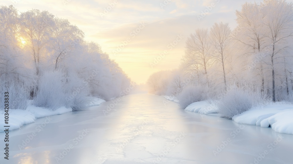 Serene winter river at sunrise with snow-covered trees and frozen water Serene winter river at sunrise with snow-covered trees and frozen water