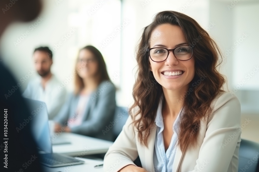 A positive and cheerful Caucasian woman sits at a table during a business meeting, smiling brightly while interacting with her colleagues in a professional setting A positive and cheerful Caucasian woman sits at a table during a business meeting, smiling brightly while interacting with her colleagues in a professional setting