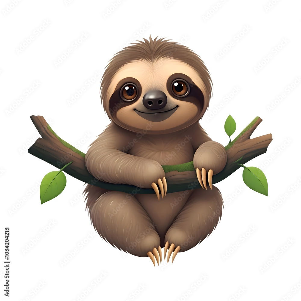Obraz premium Charming cartoon sloth on a branch, cheerful and whimsical